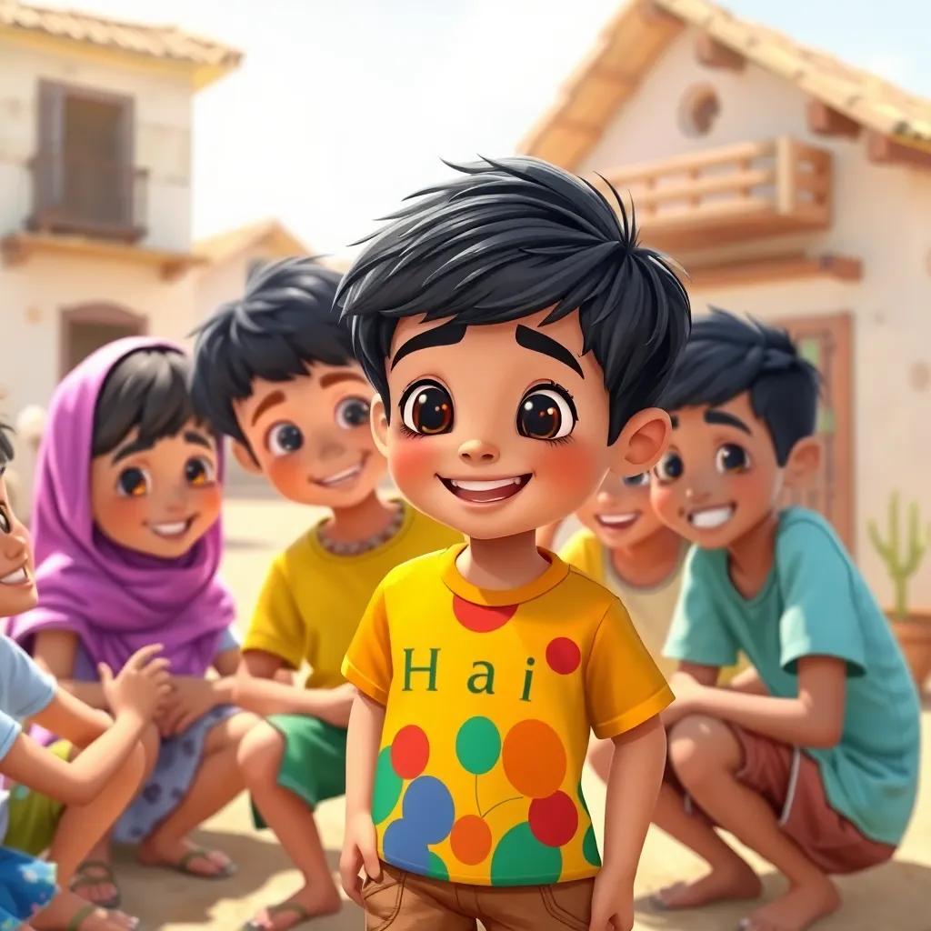 A young Arab boy, Maimoun, with short black hair wearing a colorful t-shirt and shorts, surrounded by his friends in a sunny village, playing a word game, joyful atmosphere, bright day, child-friendly