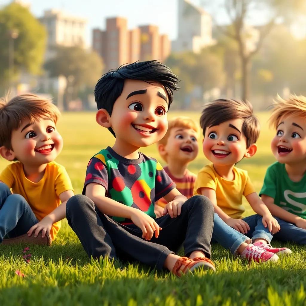 A group of children, including Maimoun (a young Arab boy with short black hair in a colorful t-shirt), sitting on the grass, laughing and exchanging words, vibrant colors, cheerful mood, warm sunlight, city park backdrop