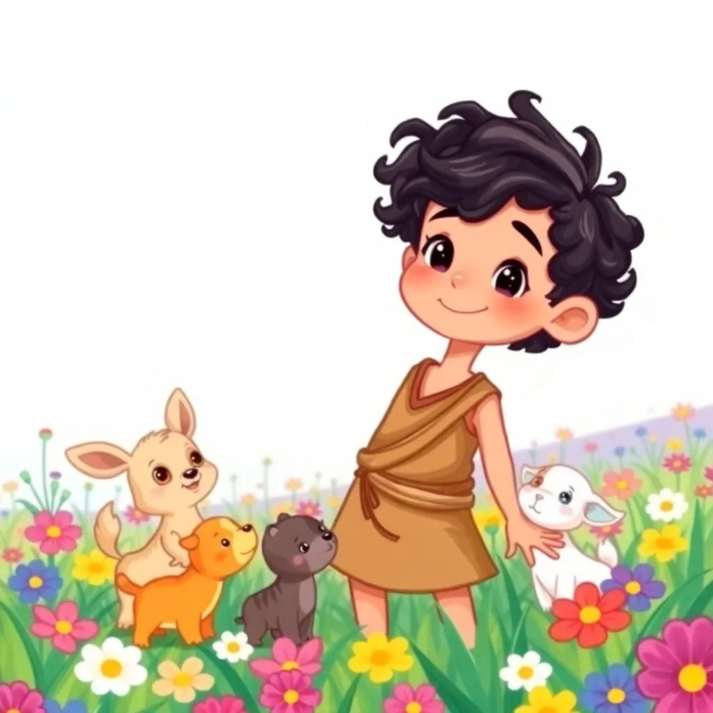 A brave boy, Musa, with dark curly hair, wearing a simple tunic, playing with small animals in a colorful flower field, cheerful atmosphere, bright colors, illustration, child-friendly, high quality