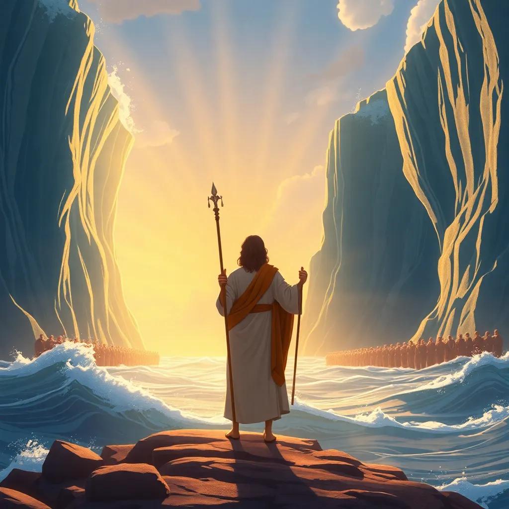 Musa the prophet with his staff, standing at the edge of the parted sea, with the water towering on both sides and the Israelites crossing safely, golden rays of sunlight streaming down, magical and serene, illustration, high quality