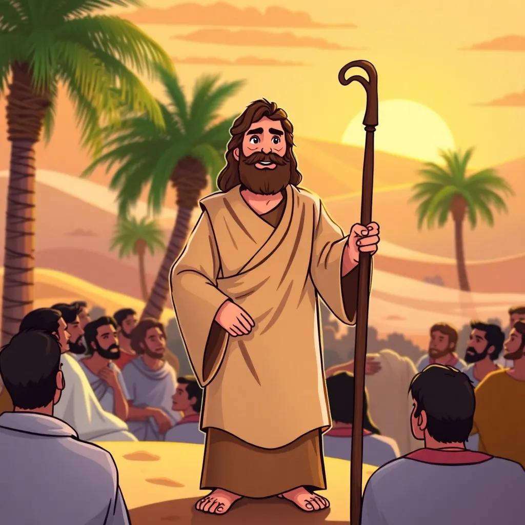 A prophet named Moses, wearing a simple robe, standing confidently before a crowd, with a staff in his hand, a desert background with palms and the sun setting, digital art, vibrant colors, hopeful atmosphere, high quality