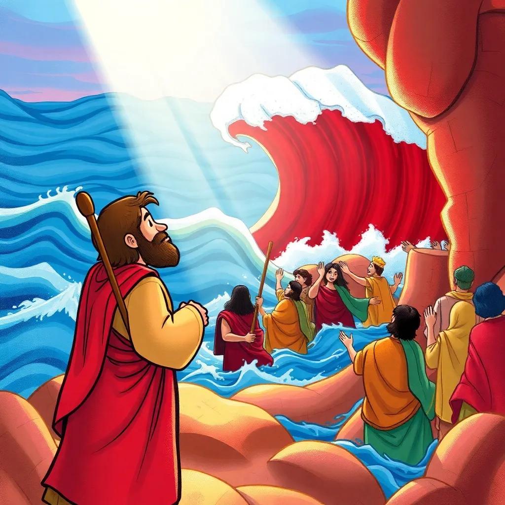 Moses, a prophet with a simple robe, standing next to the Red Sea, using his staff to part the waters, the sea opening wide with amazed people entering, light shining down, illustration, magical scene, child-friendly