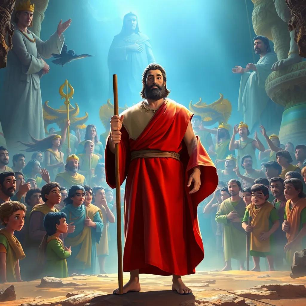 Moses, a brave man, standing boldly before Pharaoh, wearing a long robe, with a staff in hand, surrounded by a crowd of anxious people, digital art, bright colors, intense atmosphere, eye-level view, highly detailed, fantasy