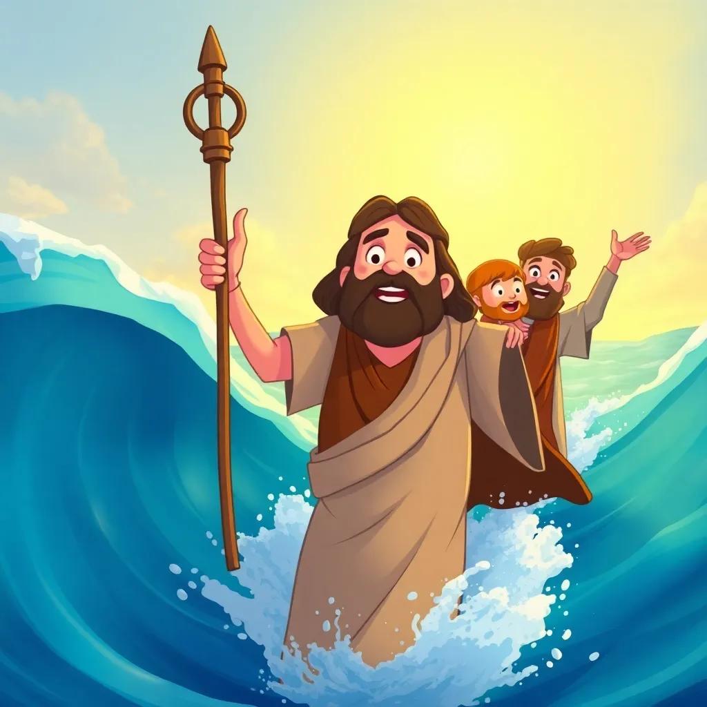 Moses, with a staff, leading the people through the parted sea, water on both sides, with expressions of joy and relief, bright sunlight shining down, illustration, colorful, adventure, child-friendly