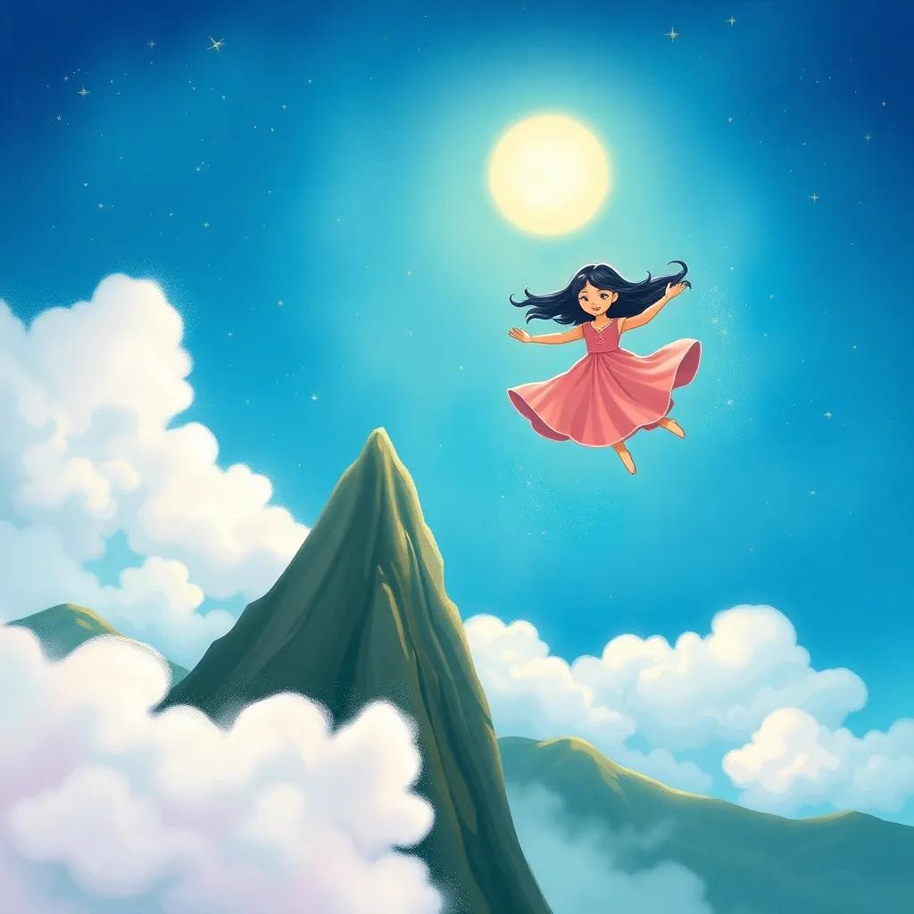 Miyar, a beautiful girl with long black hair in a flowing dress, flying high above a magical mountain, surrounded by sparkling clouds and a bright blue sky, illustration, enchanting scenery, fantasy, child-friendly