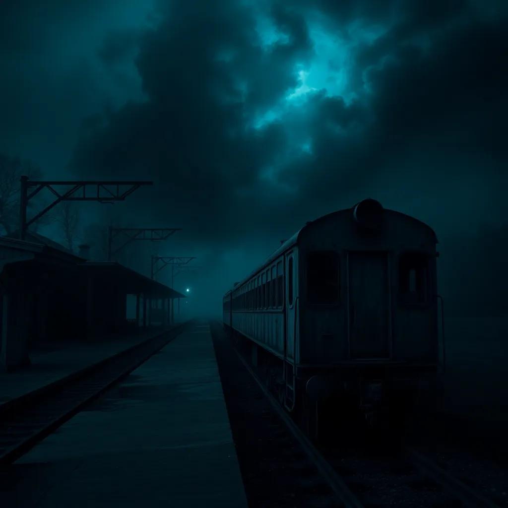 A dark, spooky night at an abandoned train station, ominous atmosphere, eerie shadows, with an old, rusty train waiting, digital art, deep blues and blacks, high quality