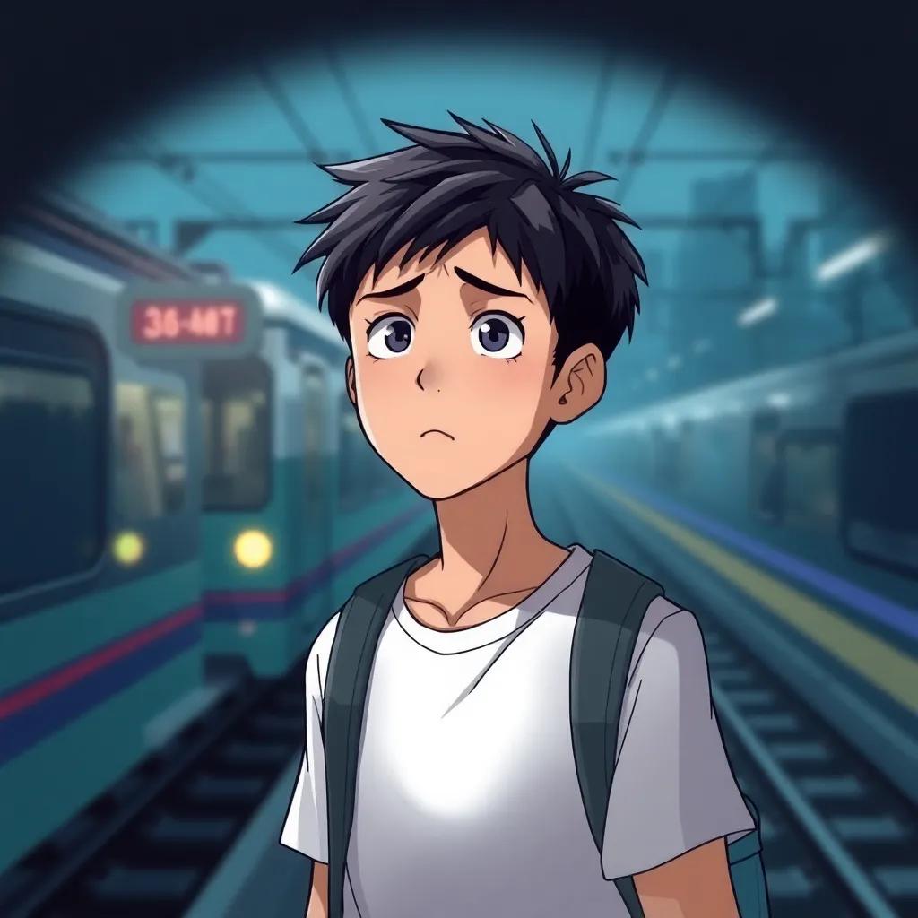 A young man, Takahiro, with short black hair and casual clothes, looking nervously at the approaching train, with a tense expression, illustration, dramatic lighting, high quality