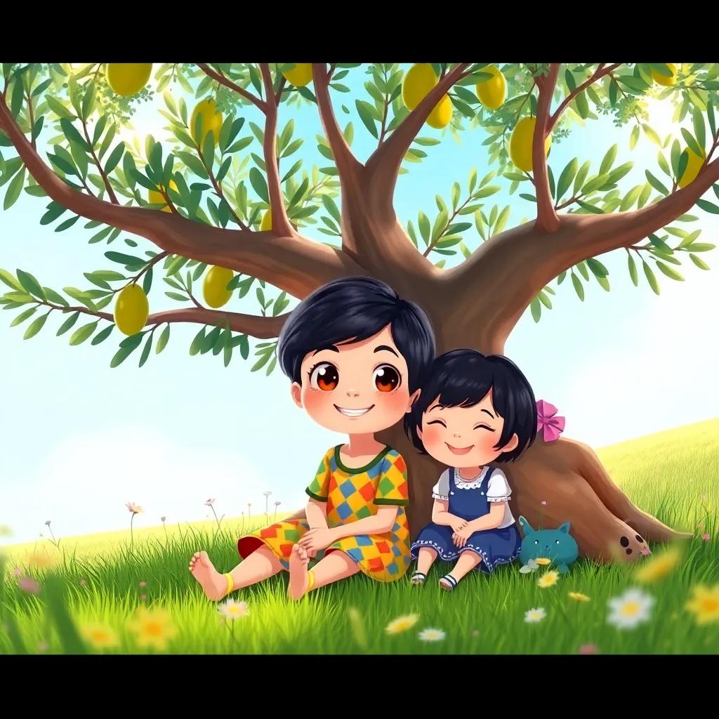A young girl, Mishou, with short black hair, wearing a colorful dress sitting under a big olive tree with her friends, with a playful smile, surrounded by green grass and flowers, joyful atmosphere, bright colors, illustration, cheerful, child-friendly