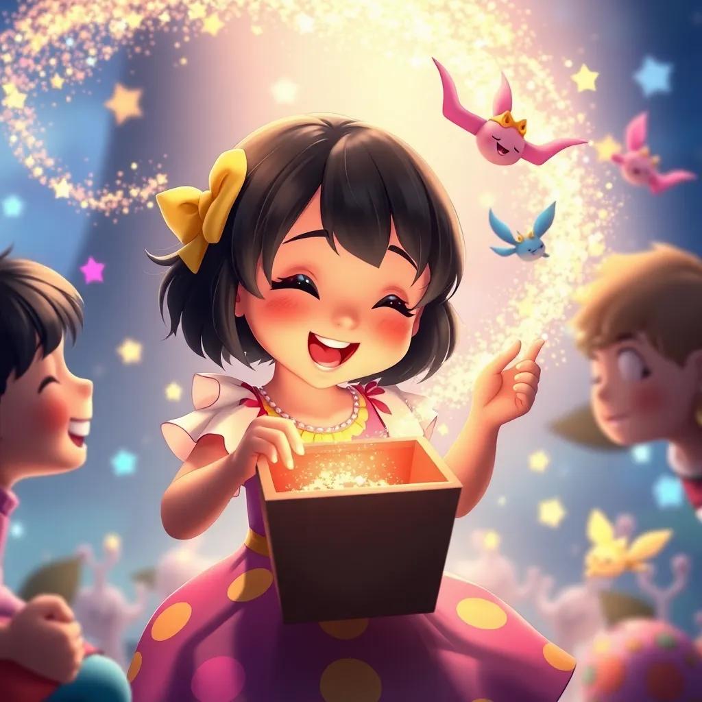Mishou, a young girl with short black hair in a colorful dress, excitedly opening a small magical box with her friends around her, glittering colors swirling in the air, magical creatures appearing, whimsical, storybook-like, enchanting scene