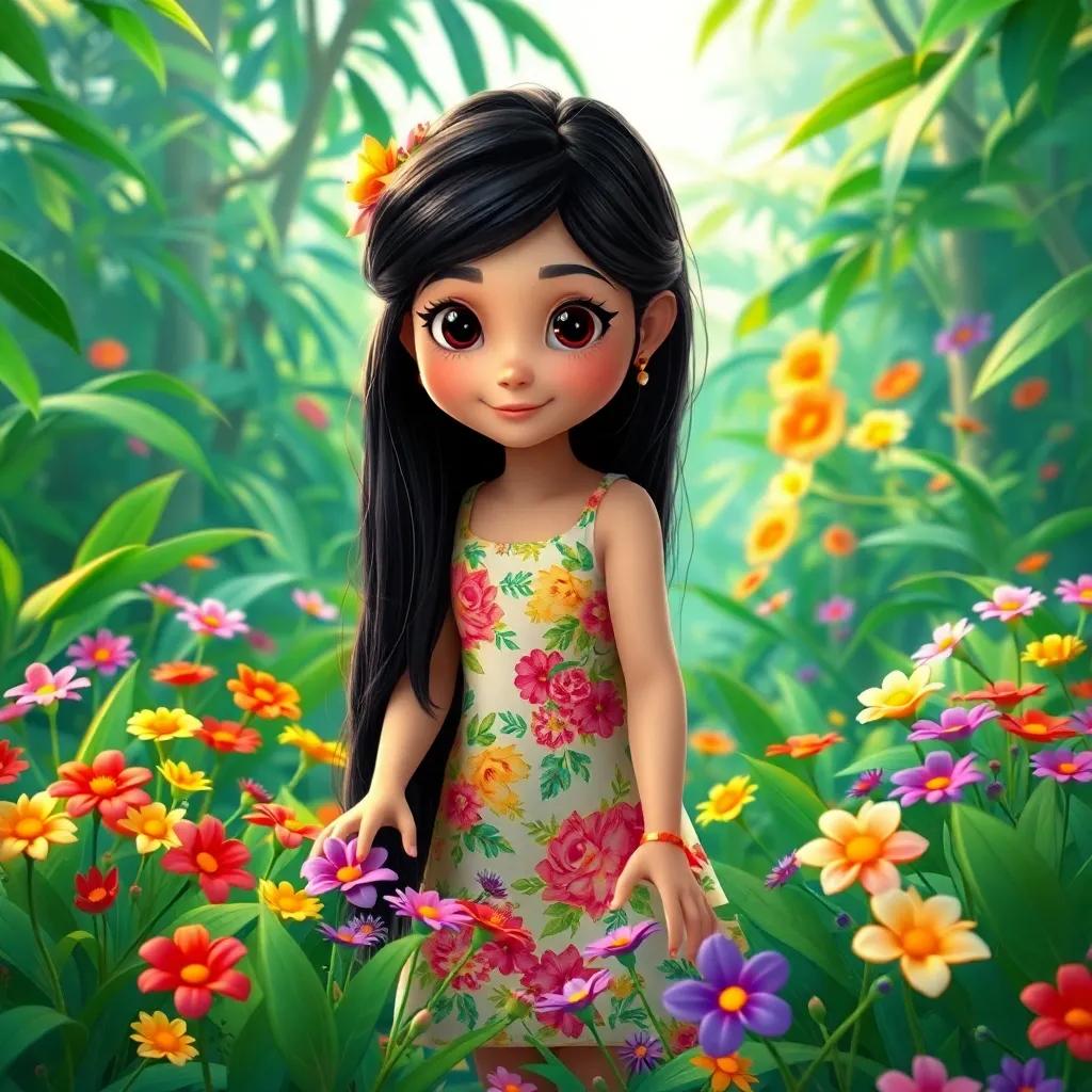 A beautiful girl, Mimo, with long black hair wearing a floral dress, gathering colorful flowers in a lush, green jungle, vibrant and lively atmosphere, children-friendly, bright colors, enchanting scene, highly detailed.