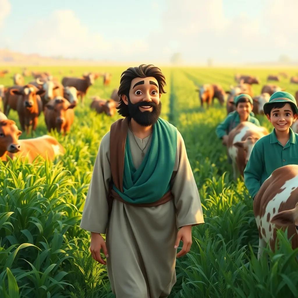 A kind prophet, Ayoub, with a bright face, walking through a lush green farm filled with grazing cattle, surrounded by farm workers smiling, digital art, warm colors, inviting atmosphere, high quality