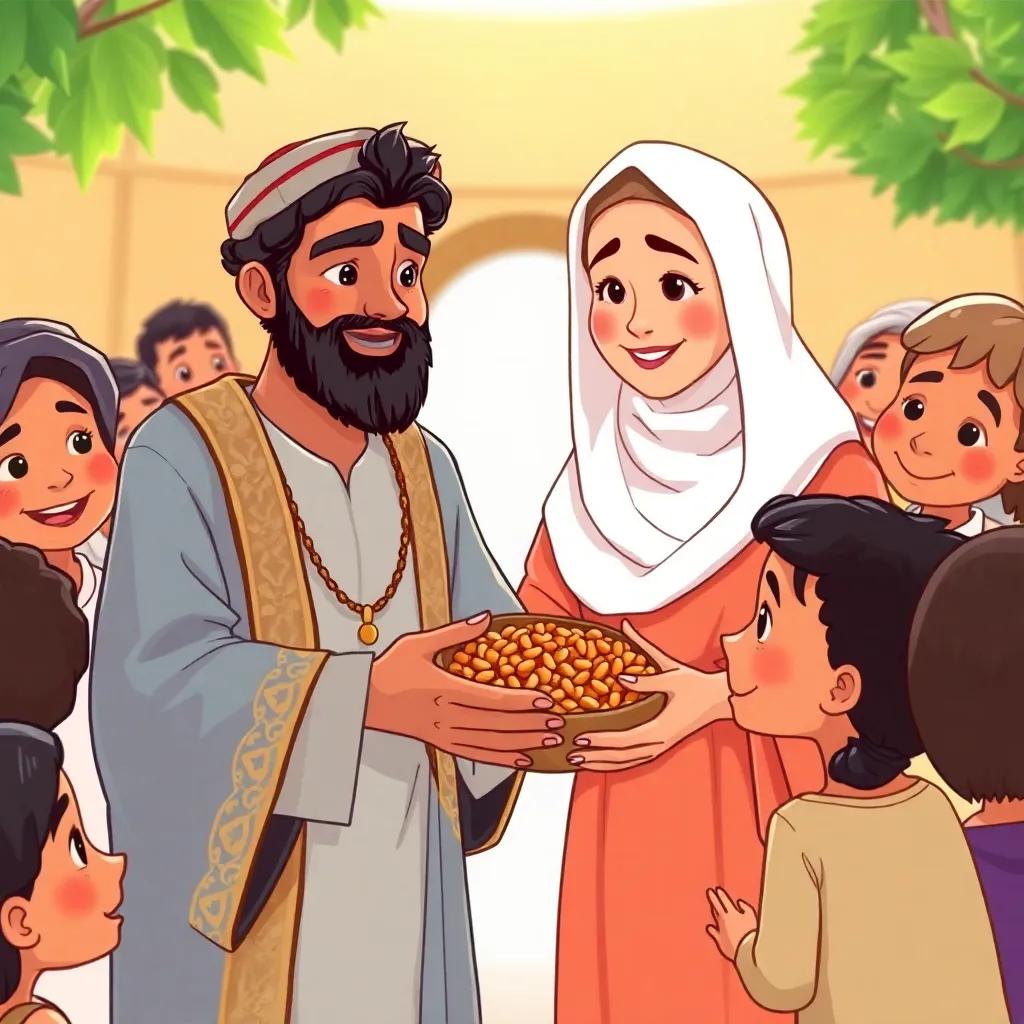 Ayoub, the noble prophet, distributing food to the poor with his kind wife Rahma, gentle expressions on their faces, surrounded by happy villagers, illustration, cheerful, community spirit, child-friendly
