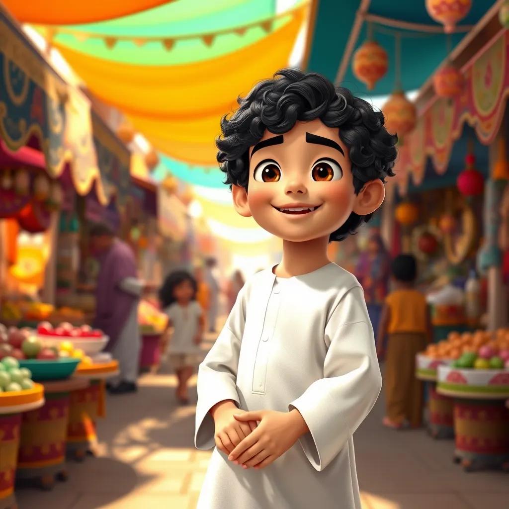 A young Arab boy, Muhammad, with curly black hair, wearing a simple white thobe, playing with friends in a lively market filled with colorful stalls, digital art, vibrant, cheerful atmosphere, high quality