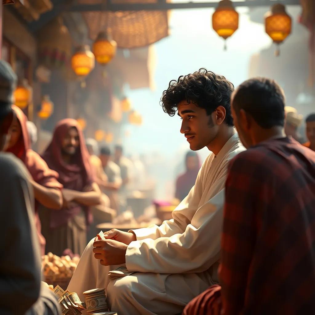 A young Arab man, Muhammad, with curly black hair, wearing a clean white thobe, sitting in a busy marketplace counting money, surrounded by grateful villagers, warm light, friendly ambiance, high quality