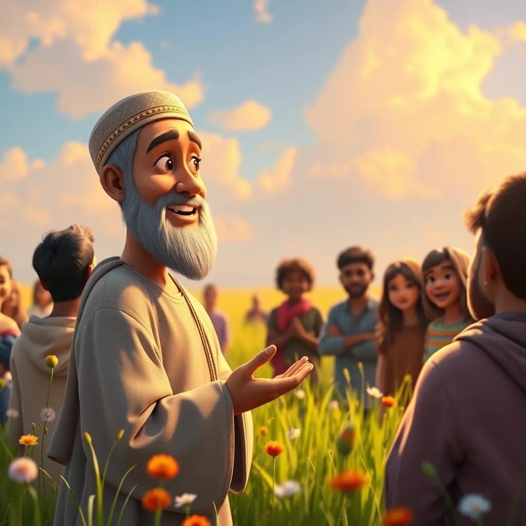 Muhammad, with a kind expression, speaking to a diverse group of people, sharing messages of kindness and compassion in a beautiful meadow, uplifting, warm colors, high quality