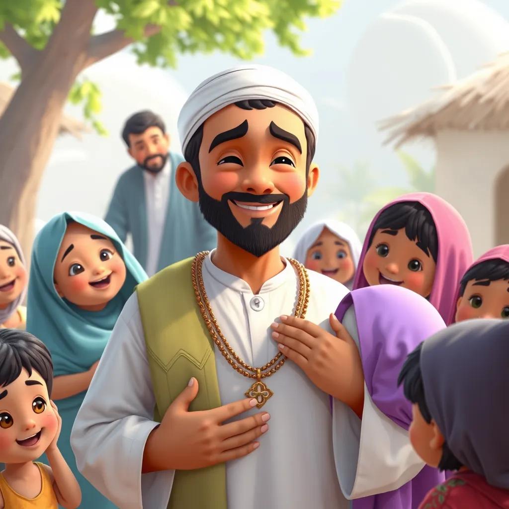 Muhammad, with a gentle smile, surrounded by happy children and families, showing them love and support in a peaceful village setting, heartwarming, bright colors, high quality