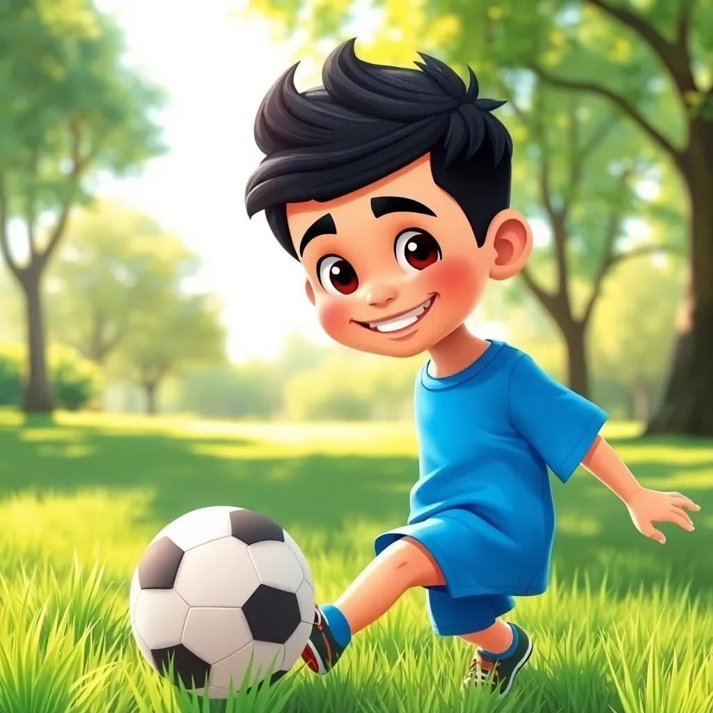 A young Arab boy, Sami, with short black hair, wearing a blue t-shirt and shorts, kicking a soccer ball in a park, surrounded by green grass and trees, cheerful, bright sunlight, digital art, vibrant colors, happy atmosphere