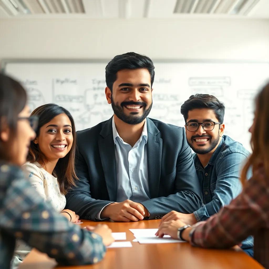 A determined advisor named Ali Al-Zarqani, with short black hair and a confident smile, gathered a team of young leaders in a bright meeting room with a whiteboard full of ideas, digital art, vibrant colors, energetic atmosphere, high quality