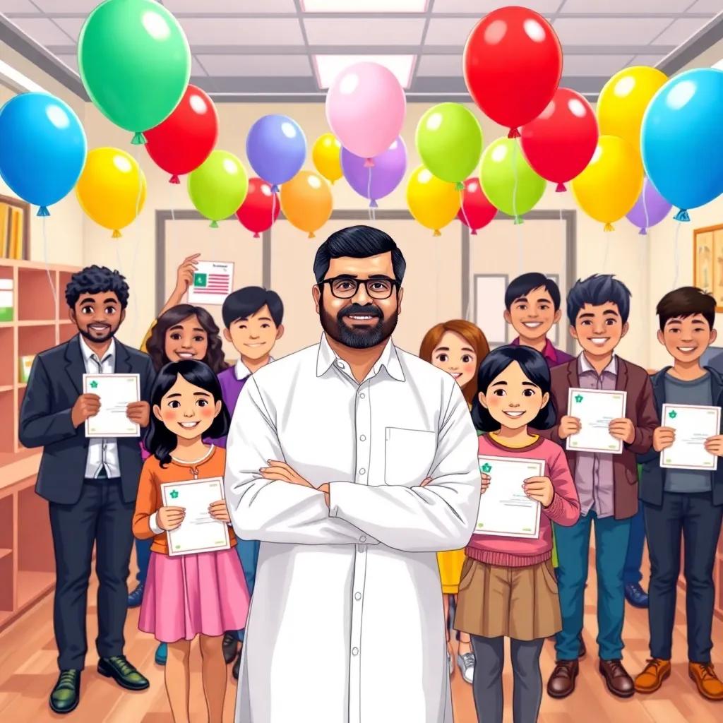 Ali Al-Zarqani, a charismatic advisor with short black hair, standing with a diverse group of young leaders, celebrating their achievements in a colorful office filled with balloons and awards, illustration, joyful, positive energy, child-friendly