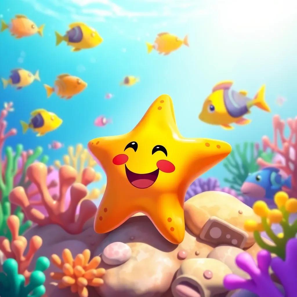 A small starfish with bright colors, sitting on a coral reef, surrounded by colorful fish, cheerful and inviting atmosphere, bright sunlight, illustration, child-friendly, fun