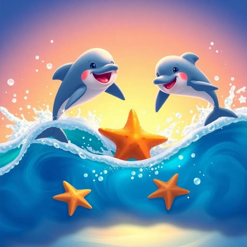 A lively scene of dolphins jumping in the waves, playing with the starfish, splashes of water around, vibrant colors, joyful and dynamic, children's book style