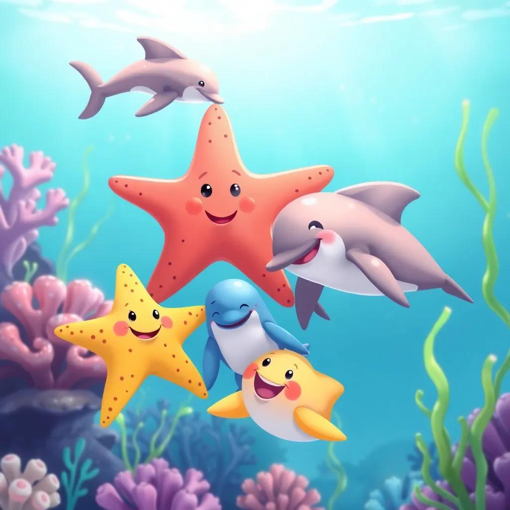 The starfish and dolphins playing together in the ocean, smiling and enjoying, with coral and seaweed in the background, colorful, cheerful atmosphere, illustration