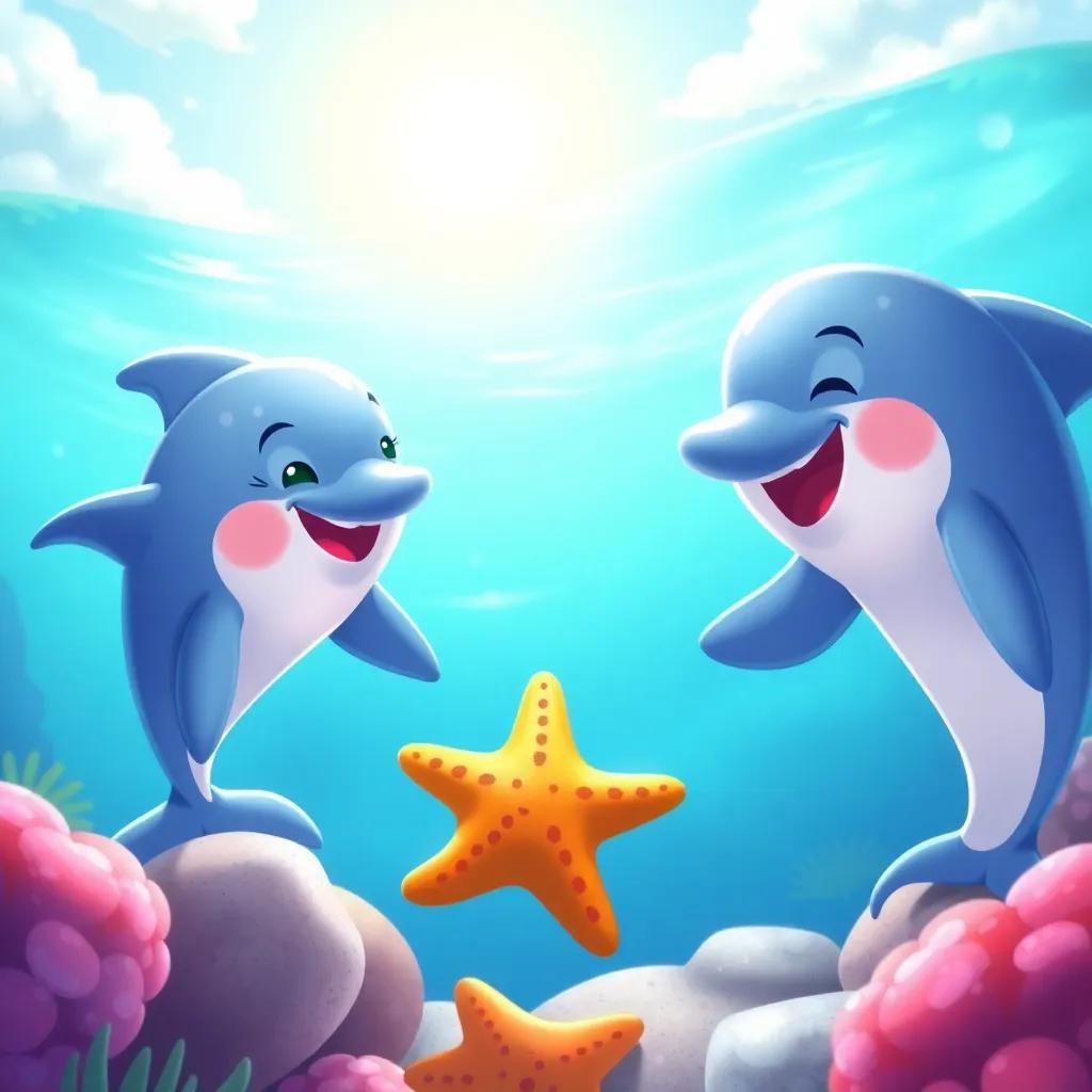 The dolphins teaching the starfish about friendship, with a sunny ocean backdrop, playful expressions, vibrant colors, heartwarming scene