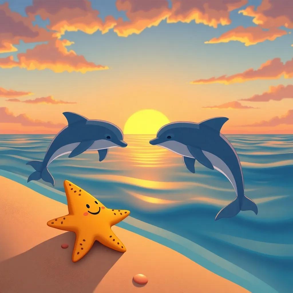 The starfish saying goodbye to his dolphin friends at sunset, warm colors in the sky, a sense of happiness, illustration, peaceful and friendly atmosphere