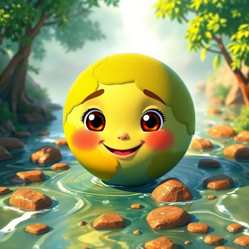A young earth, personified with a happy face, surrounded by rivers and sunshine, looking curious and asking about life, digital art, vibrant colors, cheerful atmosphere, high quality