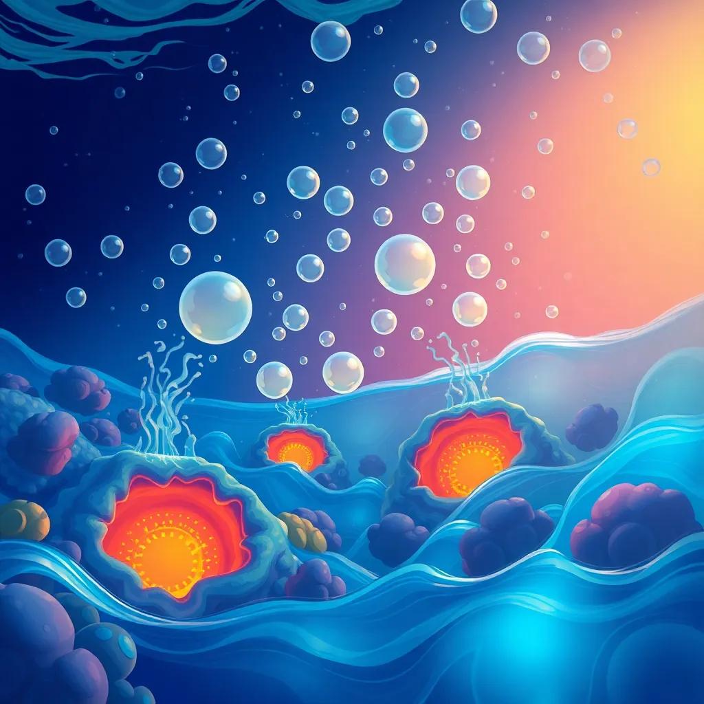 Deep ocean scene with thermal vents, bubbles rising, joyful molecules dancing together, vibrant underwater colors, symbolizing the birth of life, illustration, bright and engaging, child-friendly