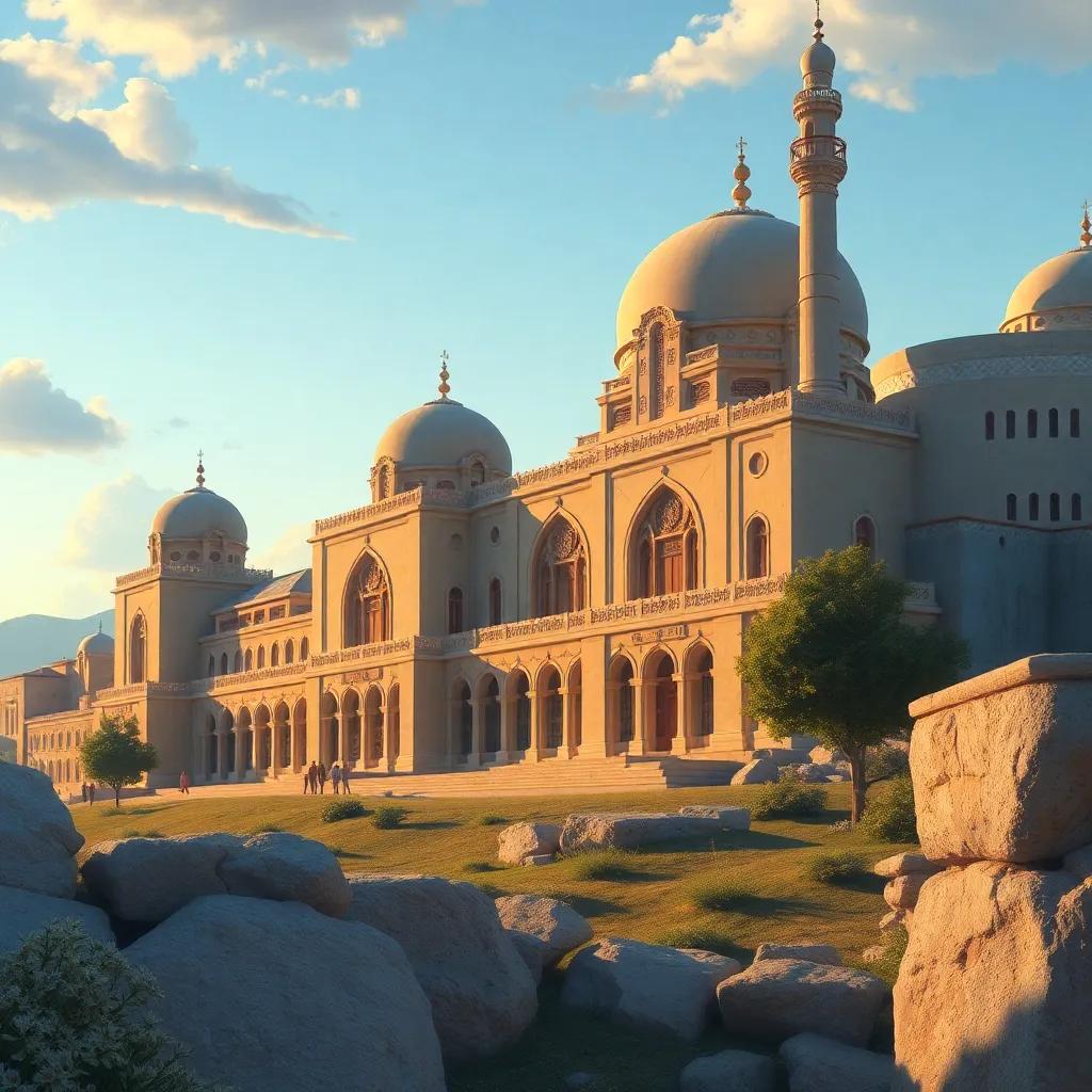 الفلك الكبير الذي بناه نوح، بسقف عالٍ وأبواب مفتوحة، محاط بالناس والحيوانات، والأطفال يلعبون حوله، خلفية ذات غيوم، فنّ رقمي، مشهد مبهج، ألوان زاهية، عرض منظور لافت
