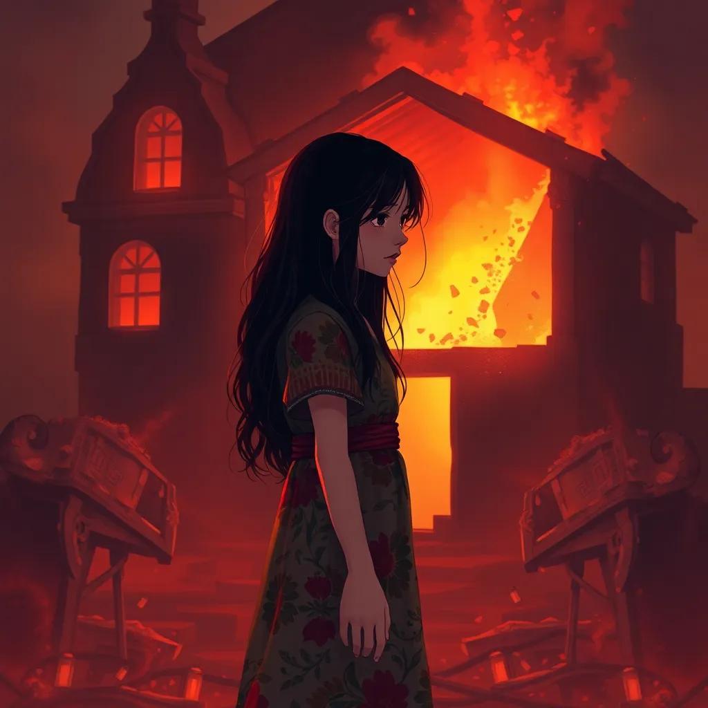 A young Arab girl, Noura, with long dark hair, wearing a colorful dress, standing in front of a burnt house with ashes swirling around, feeling lost and sad, digital art, dramatic, warm tones, emotional atmosphere, heart-wrenching illustration