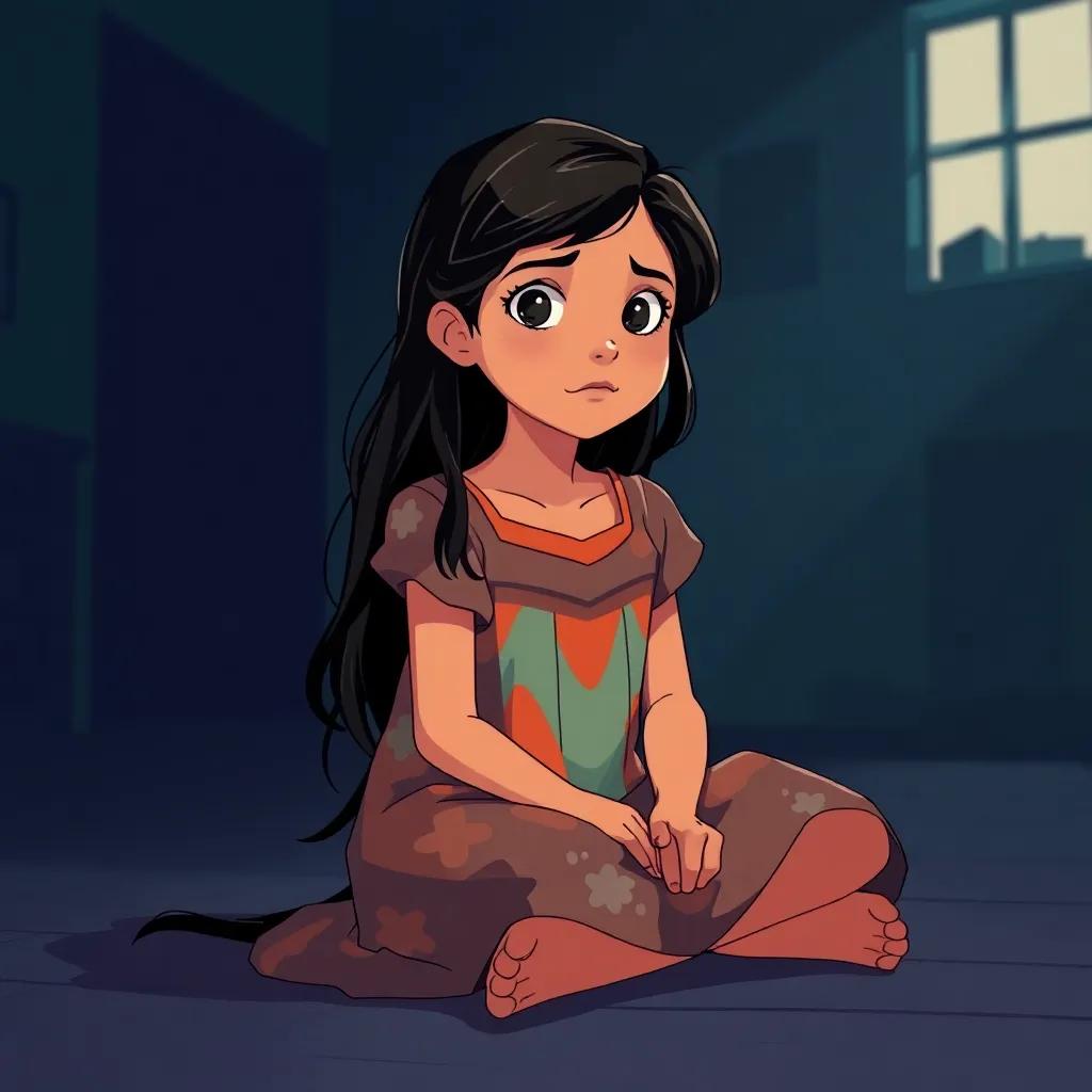 Noura, a young Arab girl, with long dark hair, wearing a colorful dress, sitting on the floor of a dim room, looking brave and determined, the shadows of her uncle's house in the background, illustration, powerful, uplifting, hopeful