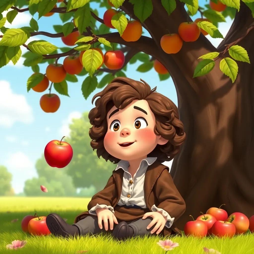 A young Isaac Newton, a British boy with curly brown hair, wearing a simple 17th-century outfit, sitting under a large apple tree with apples around him, surprised expression as an apple falls, sunny day, cheerful atmosphere, digital art, vibrant colors, whimsical, children-friendly