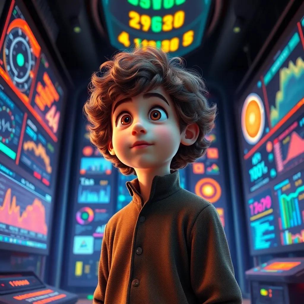 A young Isaac Newton, a British boy with curly brown hair, standing amazed in front of a futuristic computer with glowing screens, charts, and data in the air, bright and colorful room, showcasing artificial intelligence, exciting atmosphere, digital art, high quality, imaginative