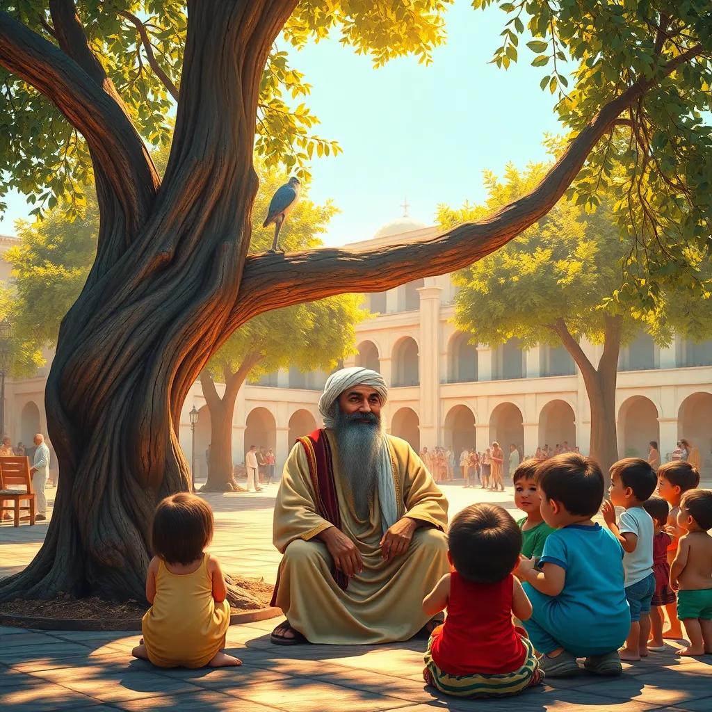 A wise man, with a long beard and traditional Arab attire, sitting under a tree in a public square, children gathering around him curiously, warm sunlight filtering through the branches, digital painting, vibrant colors, inviting atmosphere, child-friendly, high quality