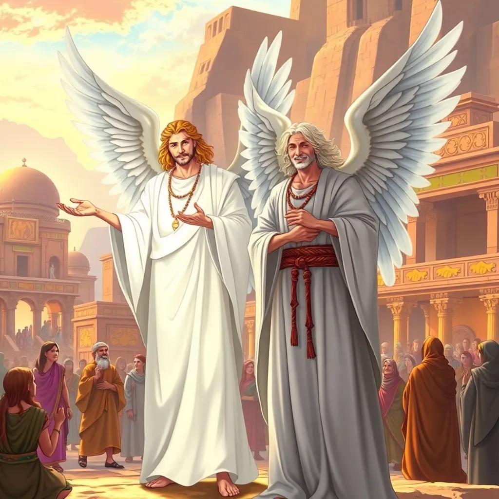 Two angels, Harut and Marut, appearing with glowing light, dressed in flowing white robes, standing in a vibrant ancient city of Babylon with colorful buildings, teaching people, friendly expressions, illustration, warm colors, engaging scene, fantasy, high quality