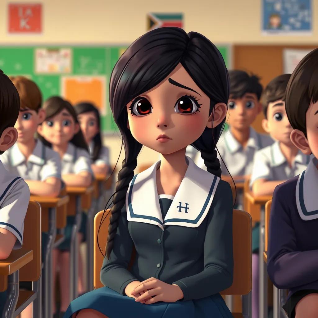 A young Arab girl, Hala, with dark hair, wearing a school uniform, looking sad while sitting alone in a classroom, surrounded by students who are avoiding her, digital art, bright colors, cheerful yet somber atmosphere, high quality