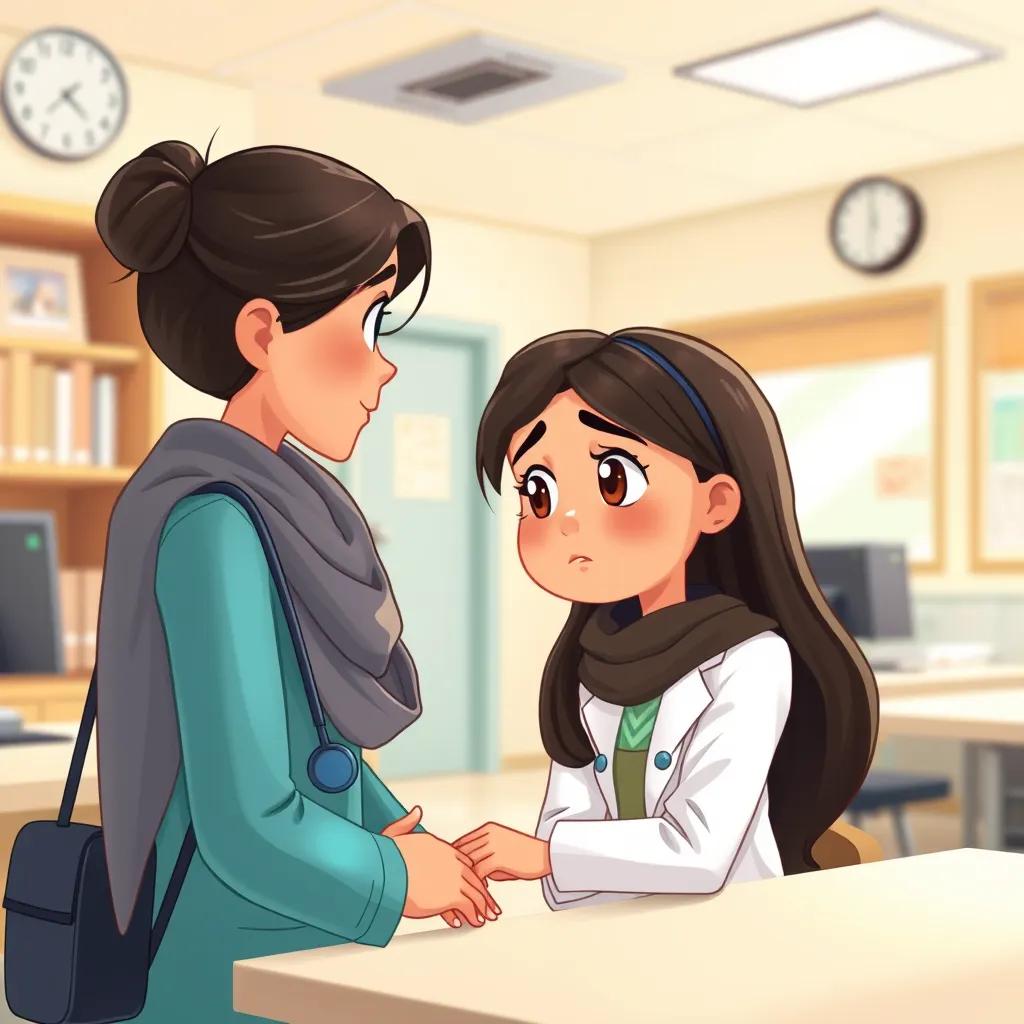 Hala, a young Arab girl, with dark hair, looking worried as she talks to a kind school health director, wearing a white coat, in a brightly lit school office, detailed illustration, warm colors, friendly environment, high quality