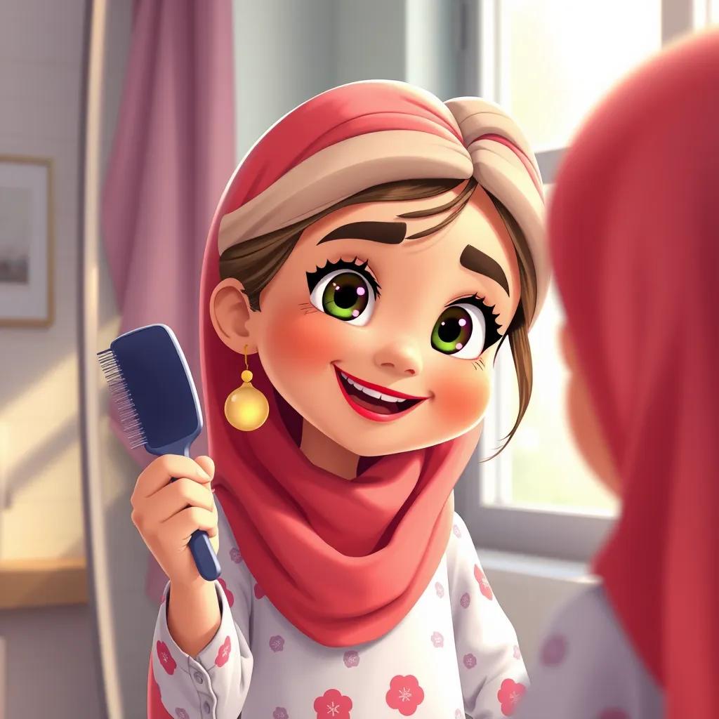 A young Arab girl, Hala, with freshly washed hair, smiling in the school mirror, holding a hairbrush, showing excitement, in front of a bright window, digital art, vibrant colors, uplifting atmosphere, high quality