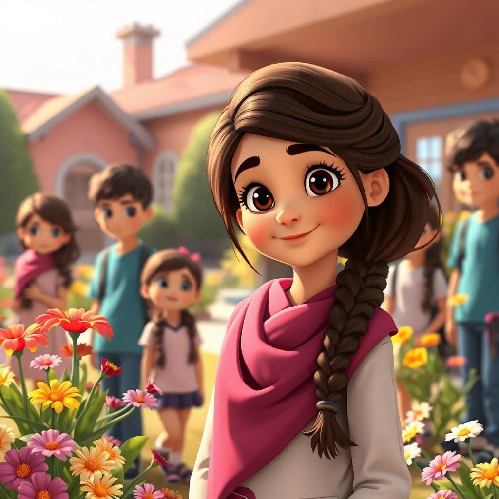 Hala, a young Arab girl, looking proud and confident with her lovely hair, standing with her friends in the schoolyard, surrounded by colorful flowers, feeling loved and accepted, digital art, warm and inviting colors, heartwarming scene, high quality