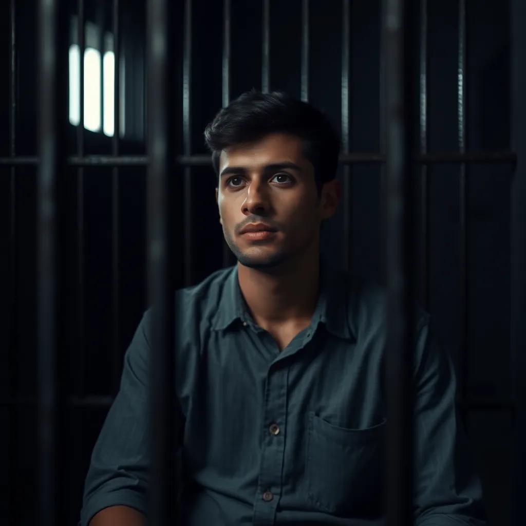 A young Arab journalist, Hani Khater, with short hair and wearing a simple shirt, sitting in a dark prison cell looking hopeful, digital art, subdued colors, solemn atmosphere, high quality