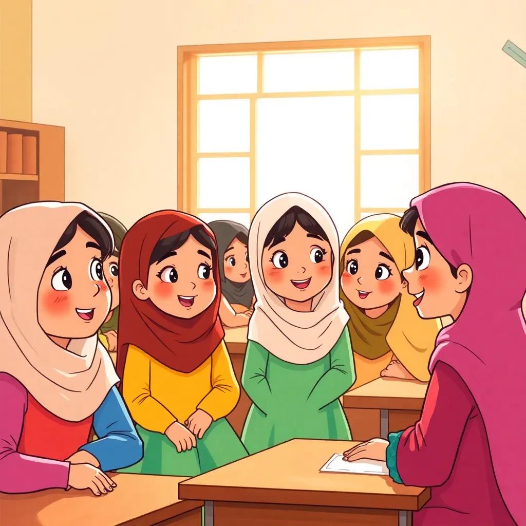 A classroom scene showing young Arab girls, around 8 years old, with various hairstyles and colorful dresses, looking attentive and curious towards their teacher, expressing excitement, bright sunlight streaming through the windows, illustration, warm light, heartwarming