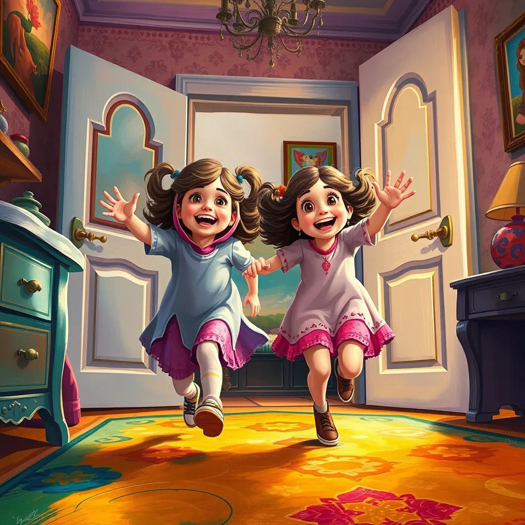 A joyful scene of two young girls, Hind and Fatima, excitedly running out of their bedroom, with bright colors in a cozy setting, cheerful atmosphere, digital art, colorful, vibrant lighting, playful perspective, high quality