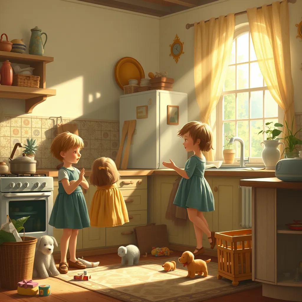 A warm kitchen where their mother is calling them to tidy up their toys, with sunlight streaming through the window, inviting and homey atmosphere, realistic illustration, soft colors, detailed