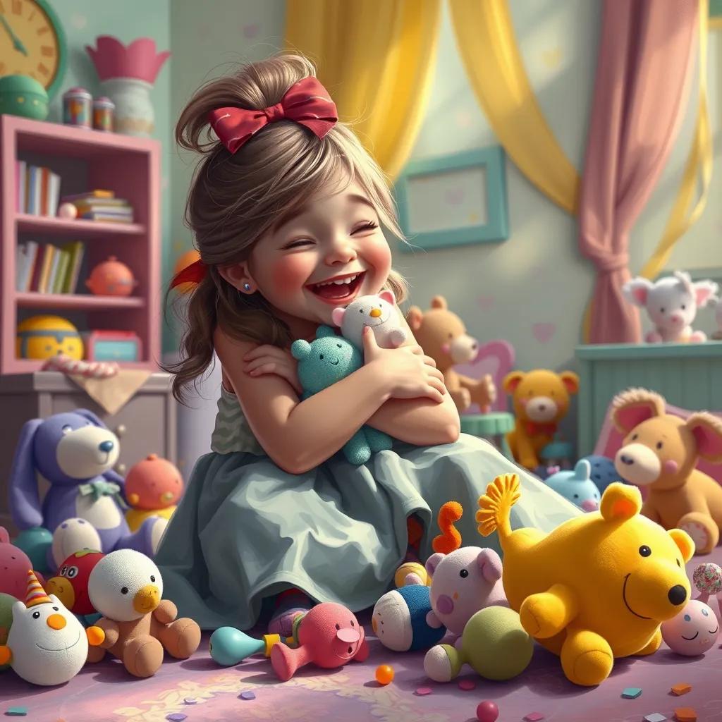 Hind hugging her scattered toys in the colorful room, with laughter on her face, bright and playful, digital art, cheerful light, high quality