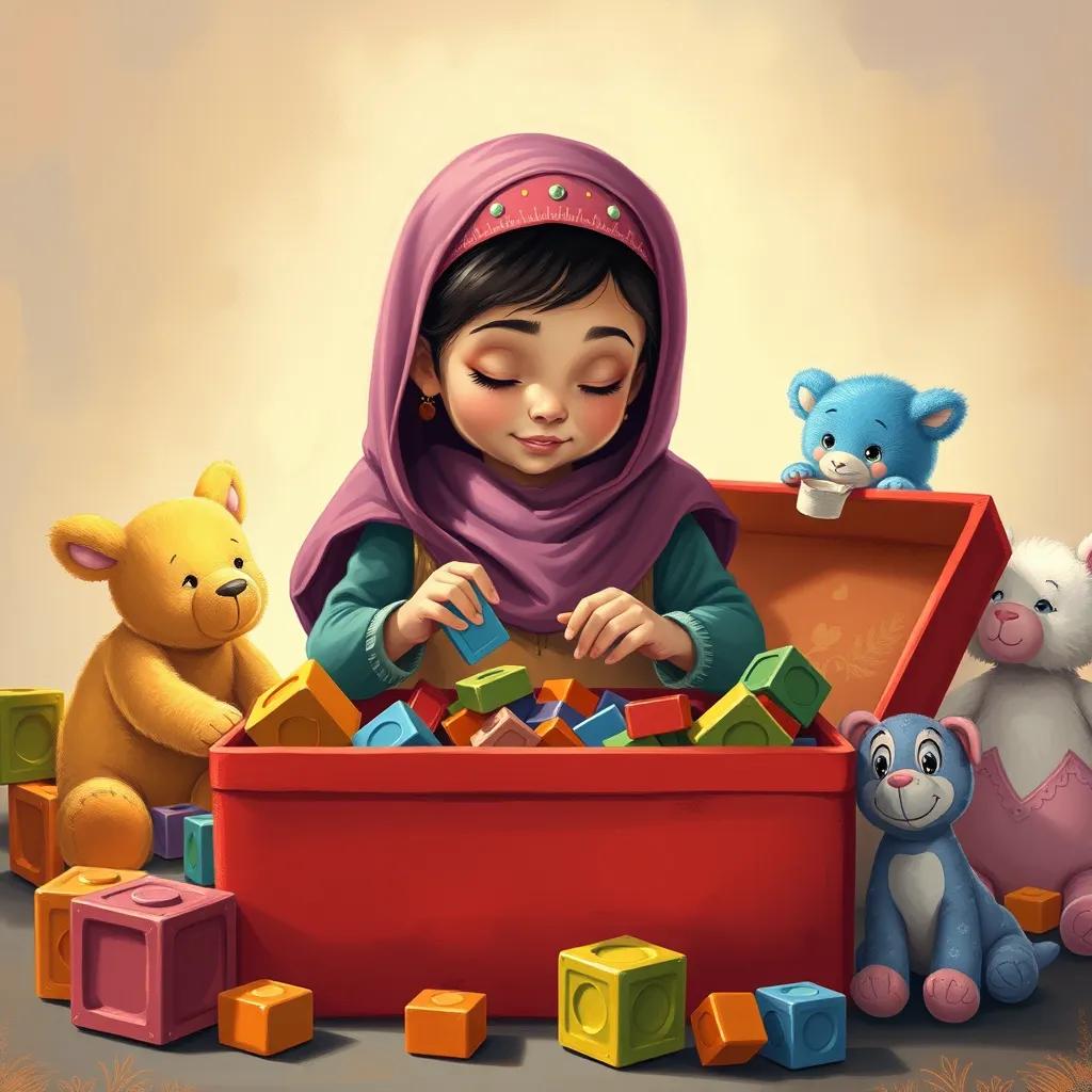 Fatima organizing her toys in a red box with determination, surrounded by colorful blocks and soft toys, cheerful, warm light, engaging illustration, child-friendly quality