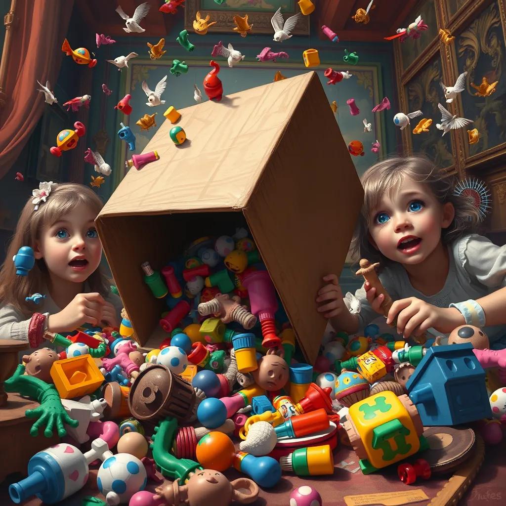 A tense moment as the box of toys falls over, scattering toys everywhere, surprise on the girls' faces, vibrant chaos, dynamic perspective, digital art, realistic details, engaging