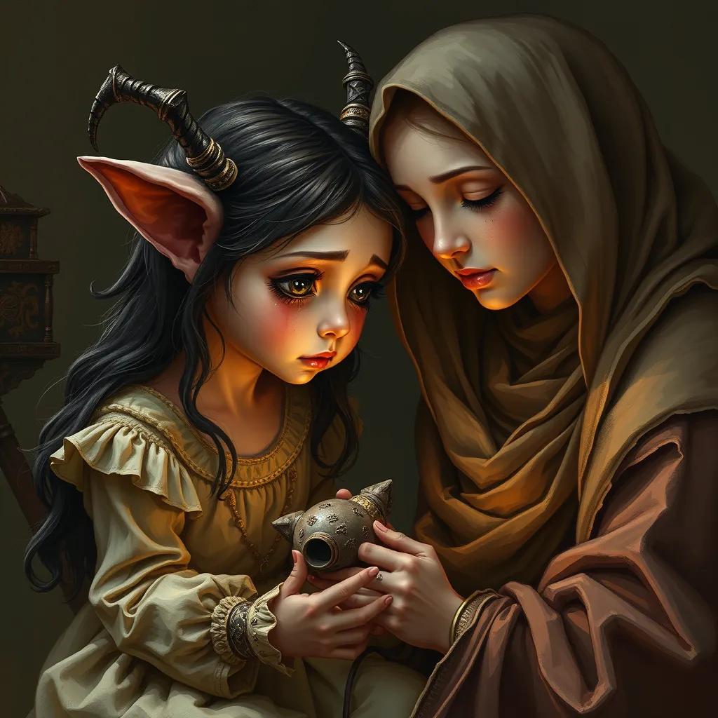 Hind with tears in her eyes, looking at her broken toy while Fatima comforts her, warm color palette, emotive, thoughtful atmosphere, digital art, high quality
