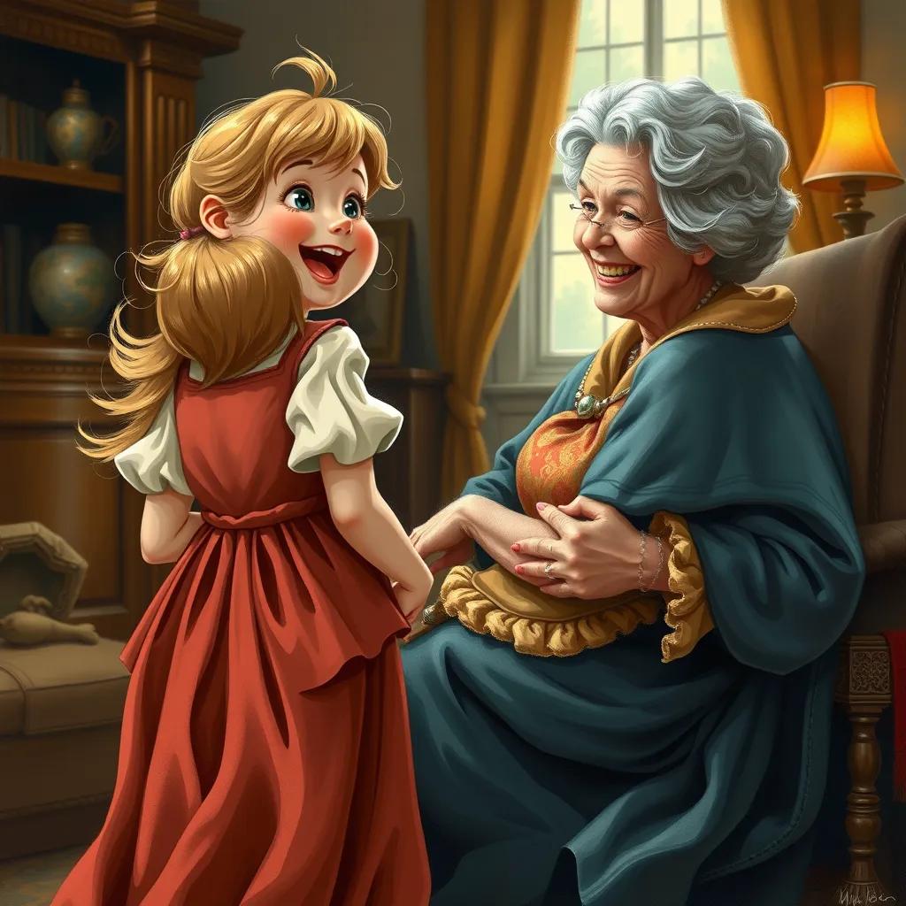 Hind excitedly back at her grandmother’s feet, eyes filled with enthusiasm, the grandmother smiling with age and wisdom, joyful moments in a cozy setting, warm colors, detailed illustration, child-friendly quality